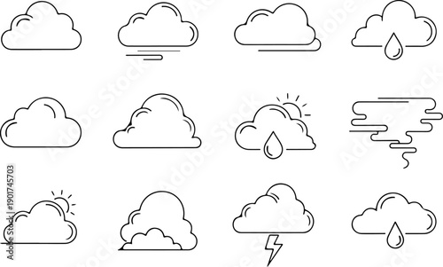 Collection of simple line illustrations depicting various weather conditions and cloud formations on a clean background from a straightforward viewpoint