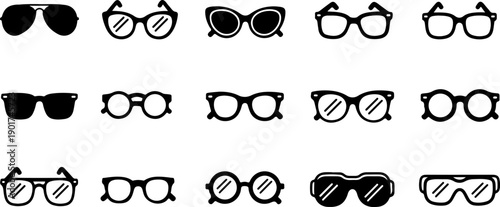Collection of diverse eyewear styles displayed in a grid pattern, showcasing various sunglasses designs from different viewpoints