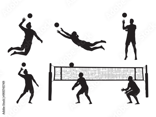 A dynamic display of various volleyball actions and techniques isolated on white background, Vector