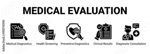 Medical Evaluation web banner icon concept, with Medical Diagnostics, Health Screening, Preventive Diagnostics, Clinical Results.