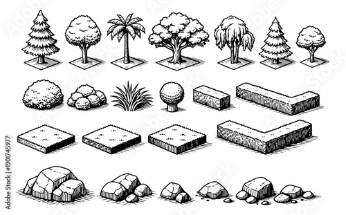 Hand drawn isometric line art landscape elements set featuring trees, bushes, grass, hedges, and rocks for game design