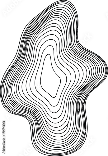 A black and white abstract shape with layered contours and a central void.