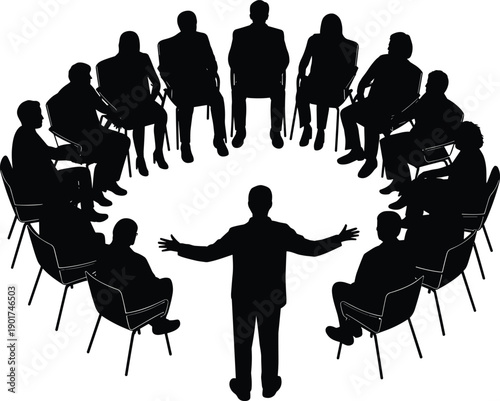 Silhouette of People Sitting in a Circle for Group Therapy or Business Meeting with Leader Standing Isolated on White Background