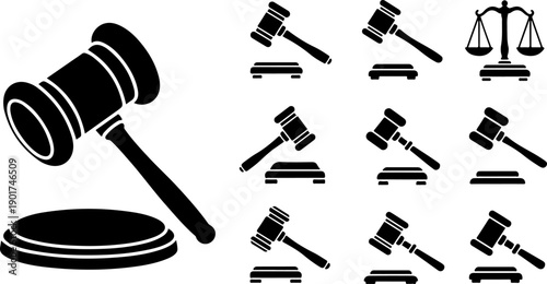 Illustration of multiple gavels and scales of justice symbols arranged in a grid pattern