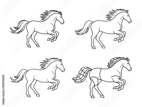 Four distinct illustrations of horses in various dynamic poses and styles isolated on white background, Vector