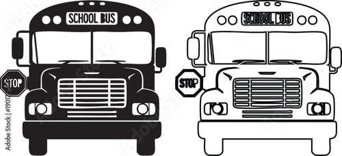 School bus silhouettes with stop signs black and white