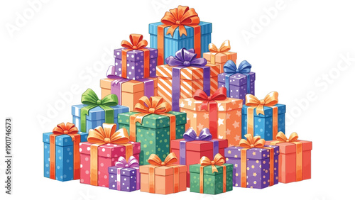 Colorful pile of gift boxes with bows and ribbons in various sizes and patterns stacked together