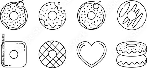 Assorted sweet treats and desserts illustrated in a simple line art style on a clean background