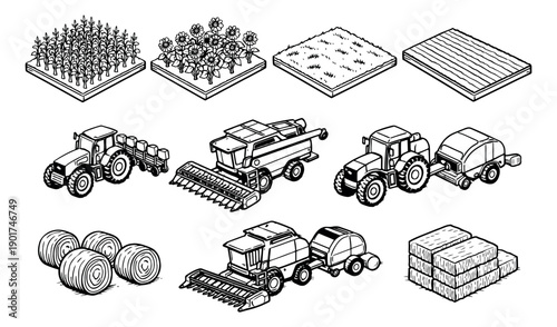 Hand drawn isometric farm equipment and crops set featuring tractors, combine harvesters, corn, sunflowers, and hay bales for agricultural activities