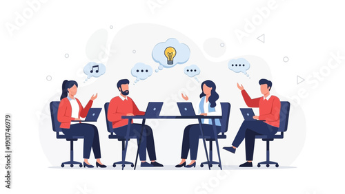 Teamwork brainstorm meeting, business people collaborating with laptops and idea bulb