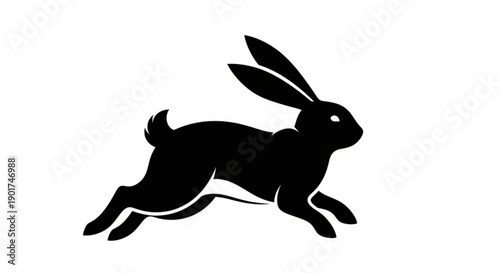 Black silhouette of a running rabbit with long ears on white background symbolizing speed and agility in a minimalist graphic design