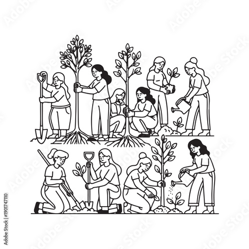 People planting and caring for trees in a community setting