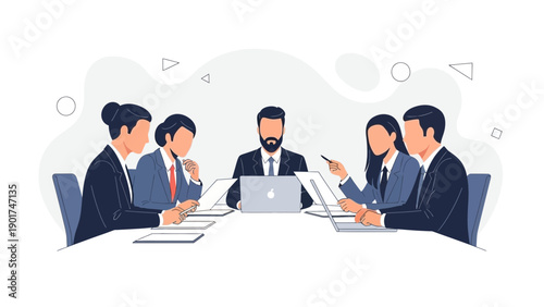 Business Team Meeting Around Table with Laptop and Documents