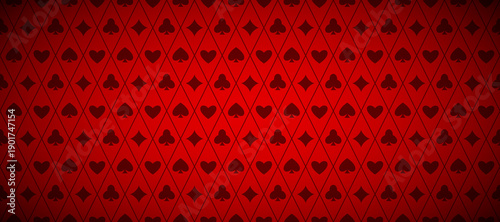Dark red playing cards pattern background. Retro poker or casino table theme wallpaper. Deep red vintage spades, hearts, diamonds, clubs symbols backdrop. Vegas gambling concept texture. Vector