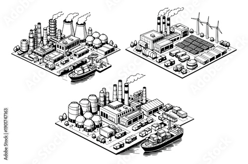 Hand drawn line art isometric industry set featuring production facilities, power plants, and renewable energy for business and global trade