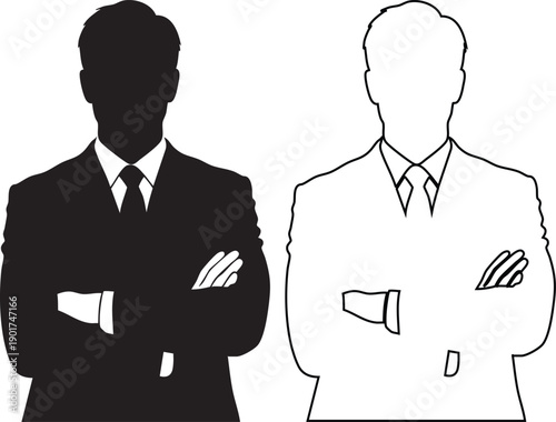 Silhouettes of two businessmen in suits with arms crossed