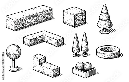 Hand drawn isometric line art landscaping elements set featuring various topiary and hedge shapes for garden design and planning