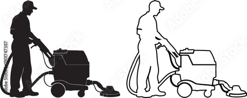Silhouettes of two people using floor cleaning machines