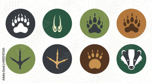 Collection of Animal Footprints and Badger Face Icon.