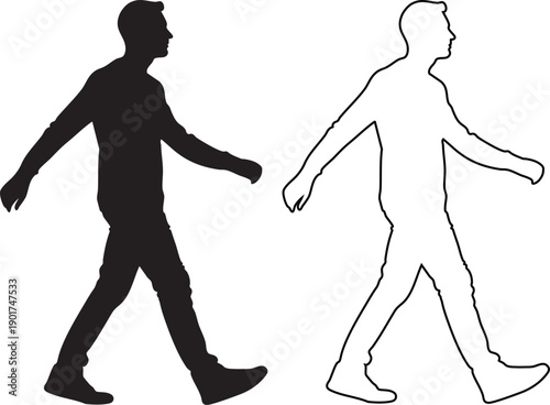 Walking man black silhouette and outline white