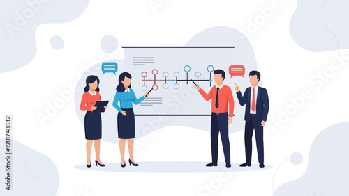 Business team presenting strategy on whiteboard, planning meeting, teamwork