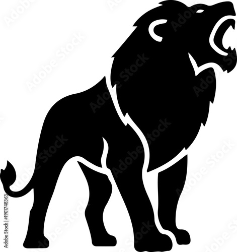 Vector illustration of a roaring lion standing proudly, showcasing its majestic mane and powerful stance, symbolizing courage and strength in a simple yet bold design
