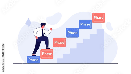 Businessman climbing stairs with phase blocks, concept of progress and development