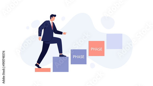 Businessman climbing stairs representing project phases and progress