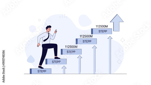 Businessman climbing steps towards success, growth, career advancement, infographic style