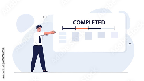 Businessman completes project timeline with progress bar and tasks