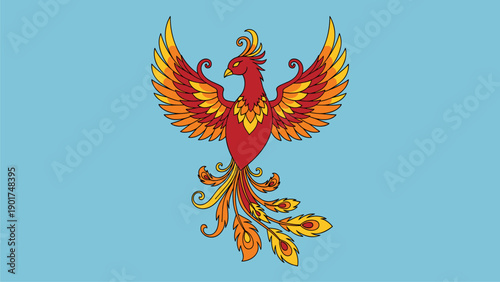 Colorful Phoenix Bird Illustration. Mythical Firebird with Fiery Wings and Tail. Fantasy Creature Symbol on Blue Background.