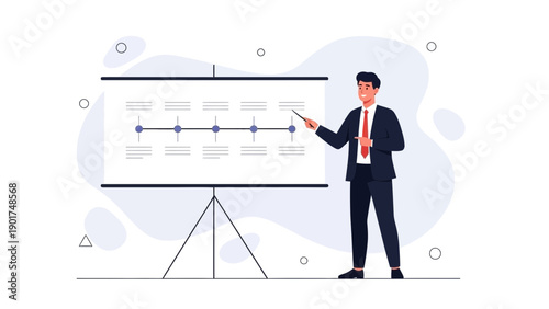 Businessman presenting timeline graph on whiteboard, strategic planning, business meeting