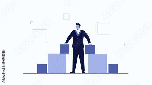 Businessman standing on stacked cubes, concept of success and strategy