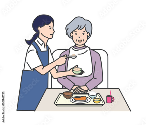 高齢者の食事介助をする介護士のイラストベクター素材