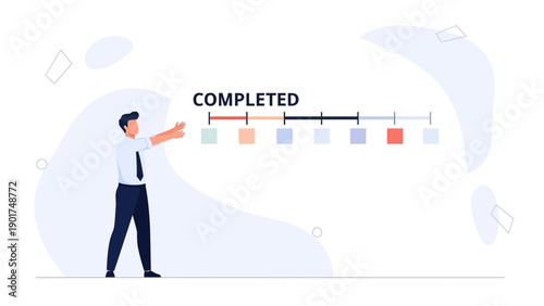 Man Reaching Goal Progress Bar Showing Completed Tasks