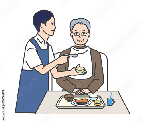高齢者の食事介助をする介護士のイラストベクター素材