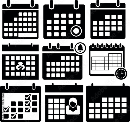 Calendar Icons Set with Planner Schedule and Date Vector Symbols