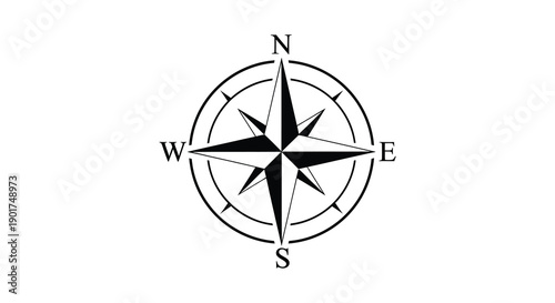 A simple black and white image depicting a traditional compass rose with cardinal directions labeled high quality professional