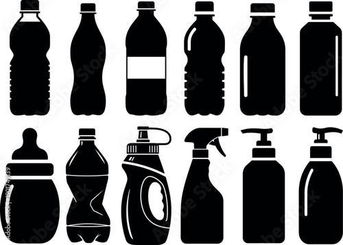 Plastic Bottles and Containers Icons Set Vector Silhouette Collection
