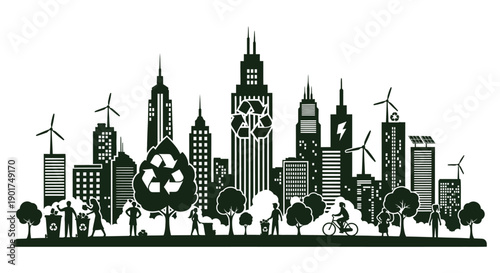 A stylized cityscape incorporates renewable energy sources like wind turbines and recycling symbols promoting ecological sustainability high quality