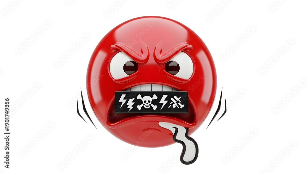 Obraz premium Angry red emoticon with zapped mouth on transparent background
