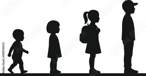 A set of silhouettes featuring boy and girl growing up. Children silhouette in progression. 