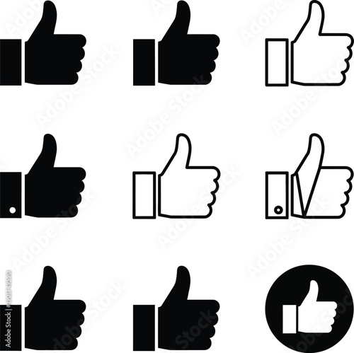 Set of thumb up icon vector. Finger up symbol. like sign isolated on white background. Vector illustration Collection of thumbs up icons in black and white.