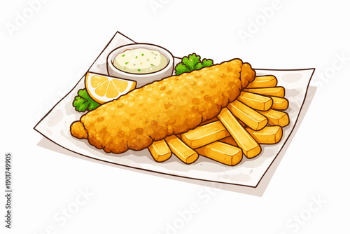 Fish and Chips Flat vector illustration of British fish and chips, battered fish fillet with thick-cut fries, served on paper or plate, clean minimal flat vector design, bold outlines, solid colors