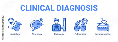 Clinical Diagnosis web banner icon concept, with Cardiology, Neurology, Radiology.