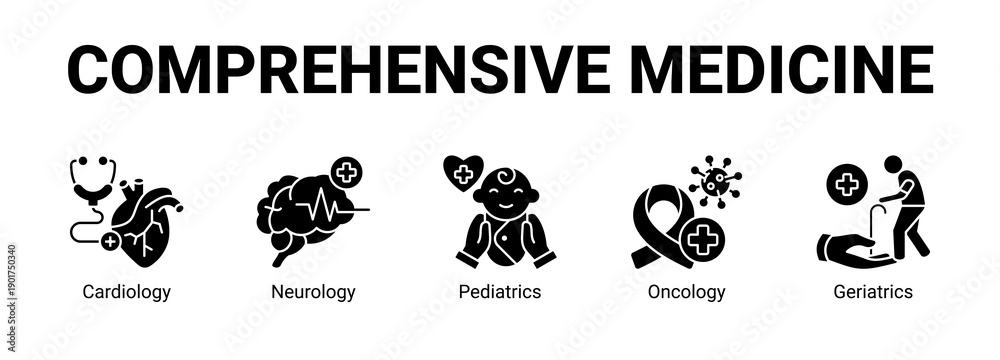 Obraz premium Comprehensive Medicine web banner icon concept, with Cardiology, Neurology, Pediatrics.