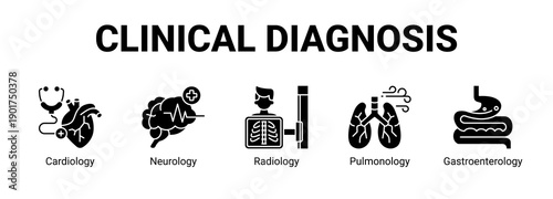 Clinical Diagnosis web banner icon concept, with Cardiology, Neurology, Radiology.