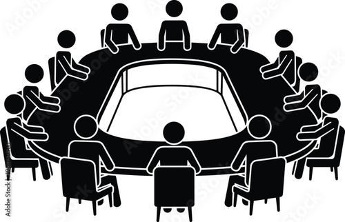 Business meeting round table illustration, corporate teamwork discussion, boardroom conference concept, leadership strategy planning, management collaboration, black white vector design