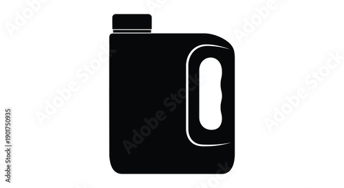 A stark black silhouette depicts a plastic container with a handle and cap isolated on white high quality