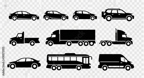 Collection of Various Vehicle Silhouettes on Transparent Background.